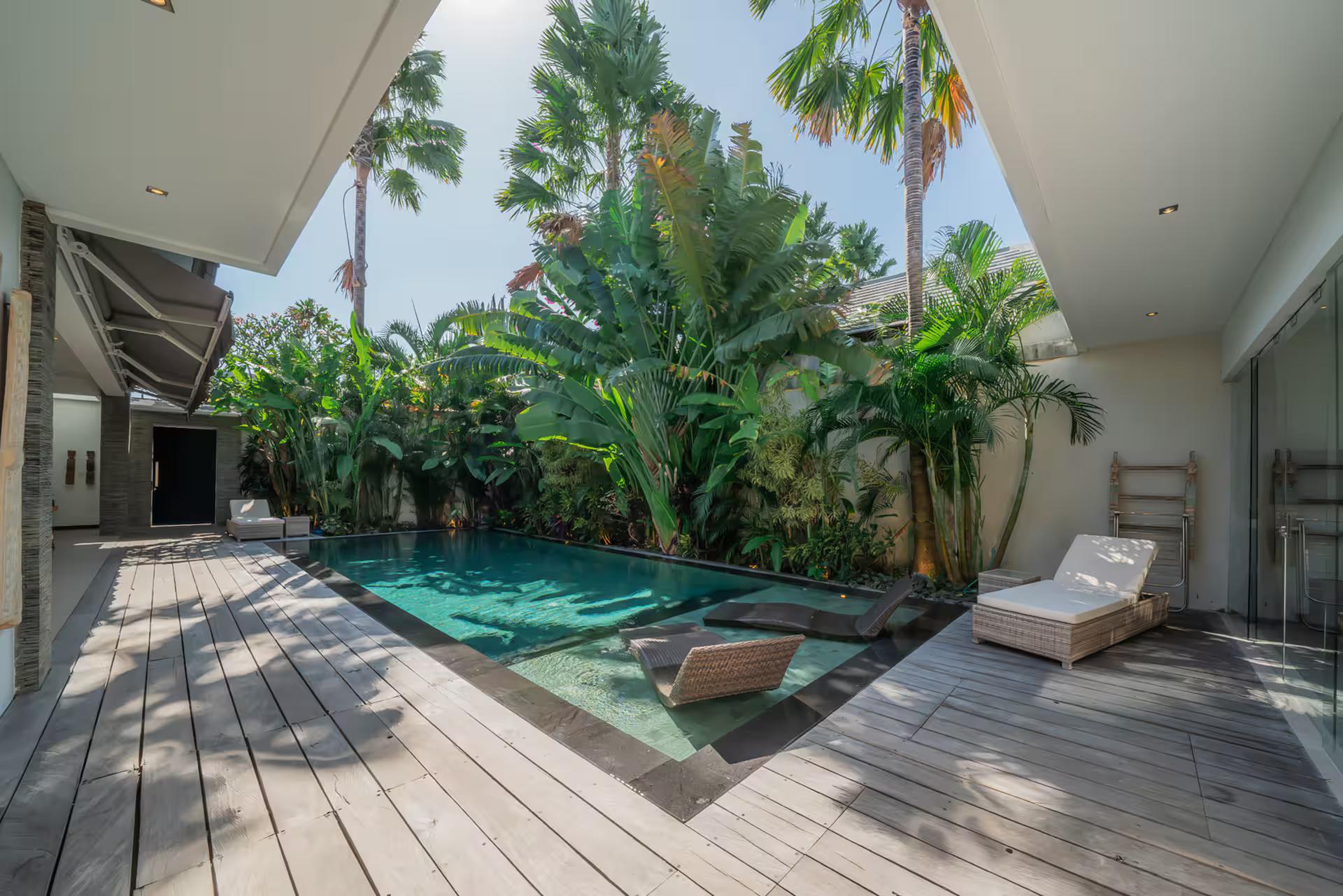 The pool at Villa Cuatro between two wings, timber deck and a wall of palms behind