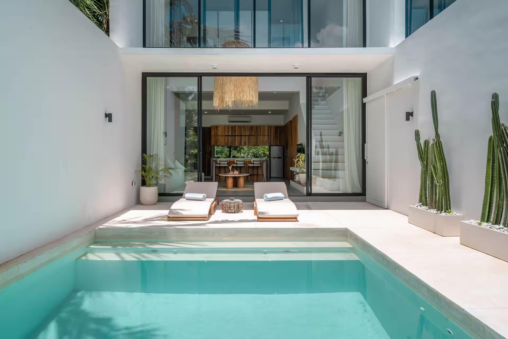 The courtyard pool at Villa Finity A, loungers on pale stone and column cacti along the wall