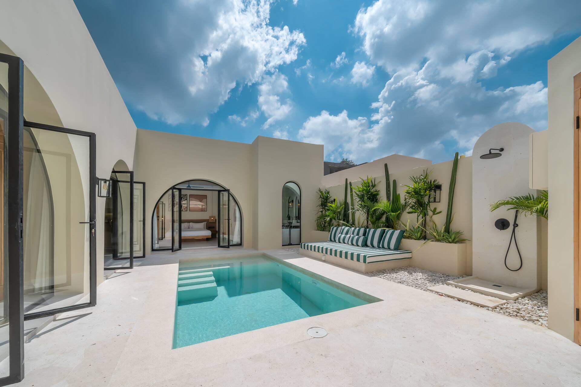 The courtyard pool from the living room doors, cacti and palms in gravel beds against white walls