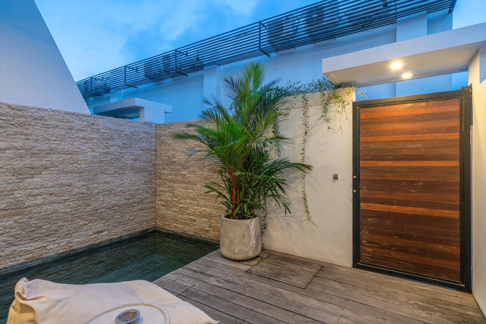 Stone-clad courtyard wall and tall timber entrance door beside the pool at Loft Erika