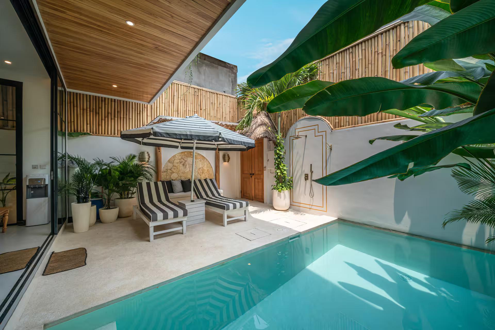 Narrow lap pool at Villa Sagu below a bamboo-screened wall and curved timber soffit