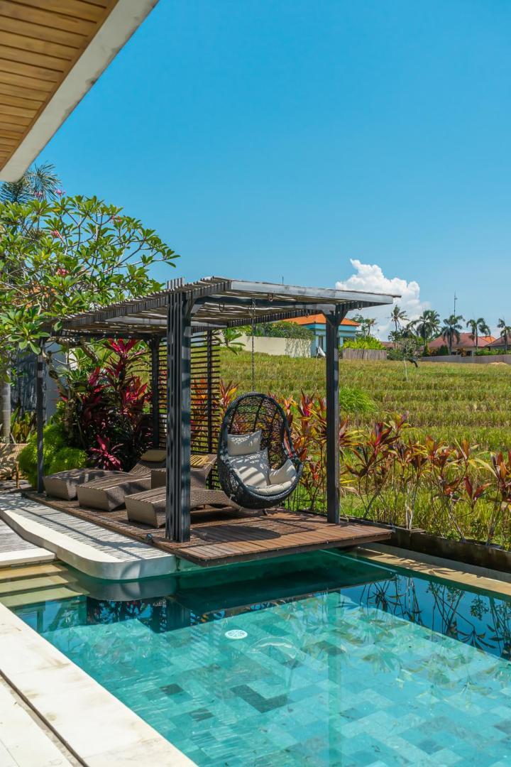 Hanging rattan chair under a bamboo pergola on the timber sun deck at the end of the pool