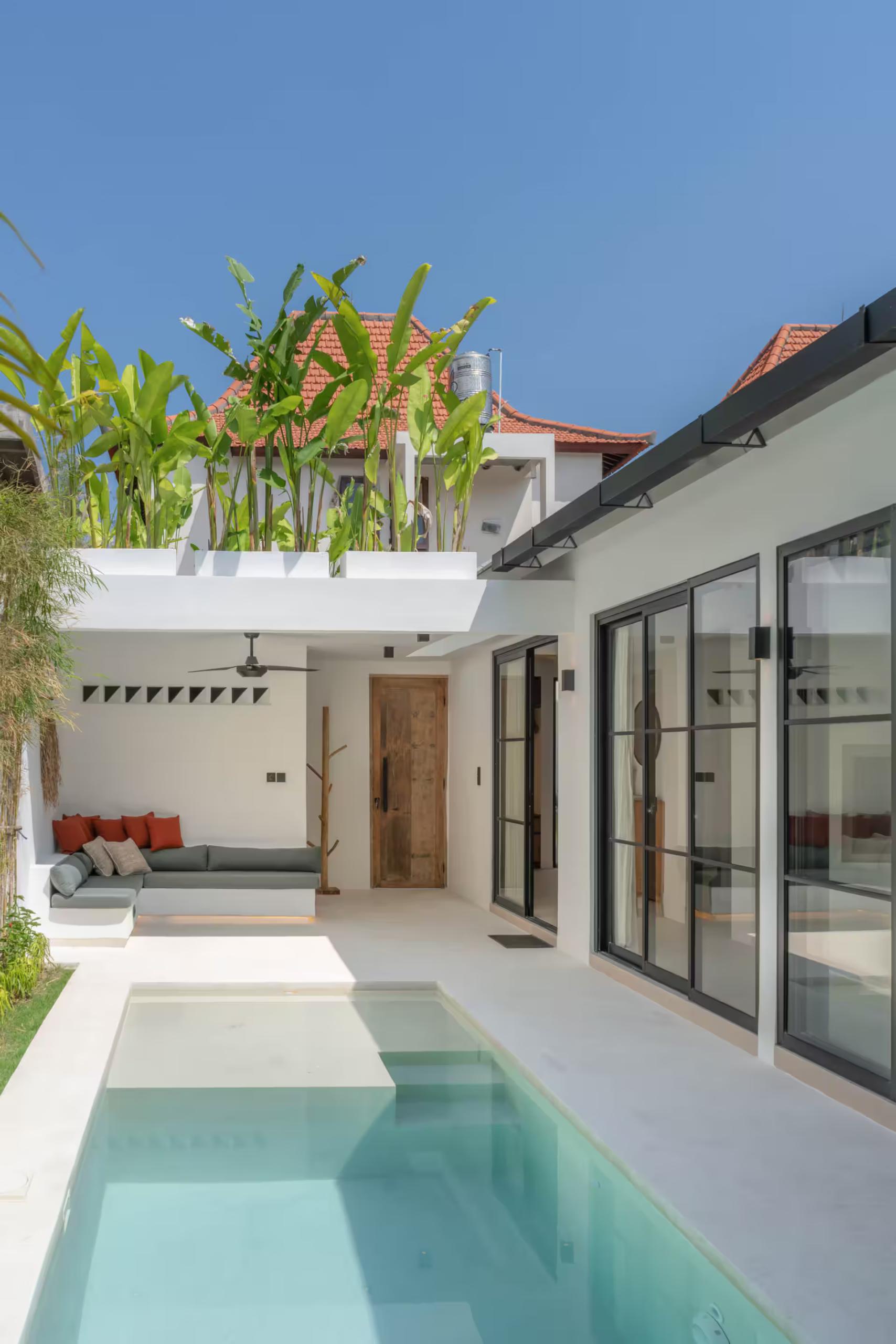 Looking down the courtyard at Casa Kami, both wings facing each other across the water