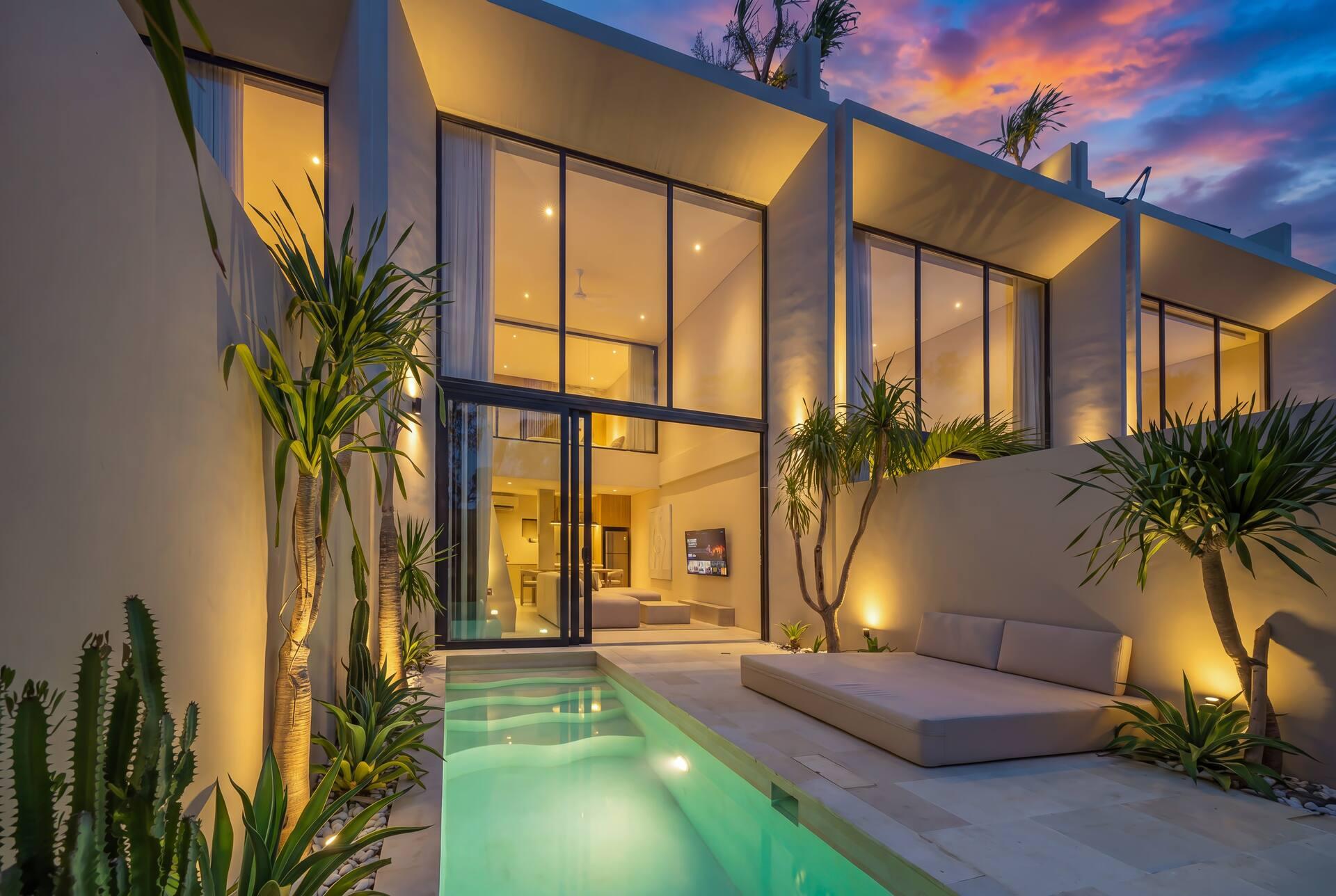 Enso 6 at dusk, the glass facade glowing above the lit pool, sun platform and uplit palms