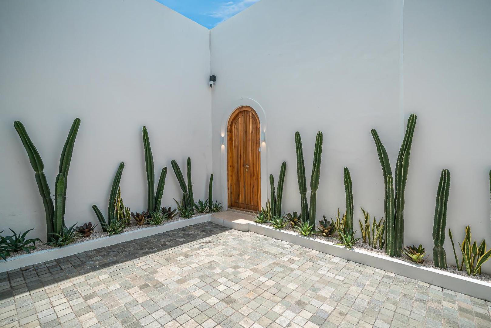 Tall columnar cacti flanking a rounded timber door above a floor of pebble mosaic