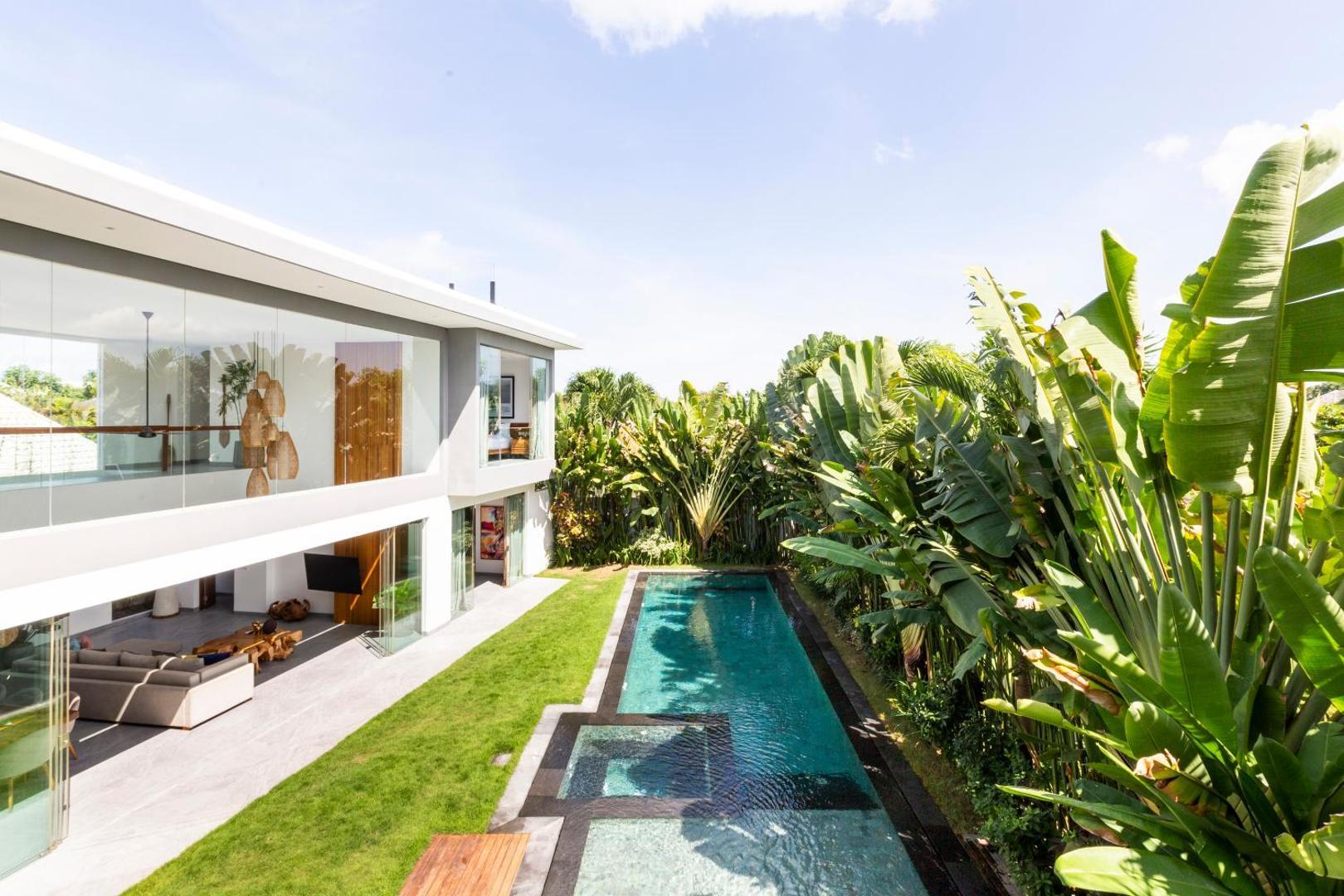 The long lap pool running the length of the lawn, banana palms along the wall